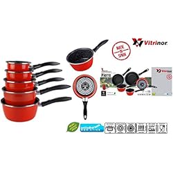 VITRINOR Lot de 5 casseroles émail Rouge Induction Interieur facon Pierre