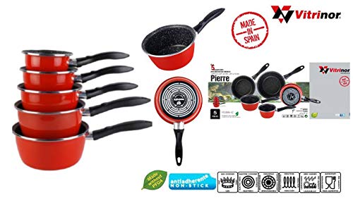 VITRINOR Lot de 5 casseroles émail Rouge Induction Interieur facon Pierre