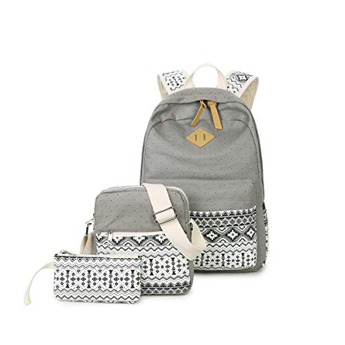 Casual Canvas Schulrucksack Set+Schultertasche +Geldbeutel/Mäppchen Causal Rucksack Freizeitrucksack Daypacks Backpack für Mädchen Jungen & Kinder Jugendliche Damen Herren (Grau)