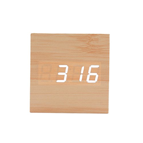 Generic Kantholz LED Alarm Wecker Tischuhr Sprachsteuerung Sensor mit Thermometer Anzeige – Natur + Weiß - 6