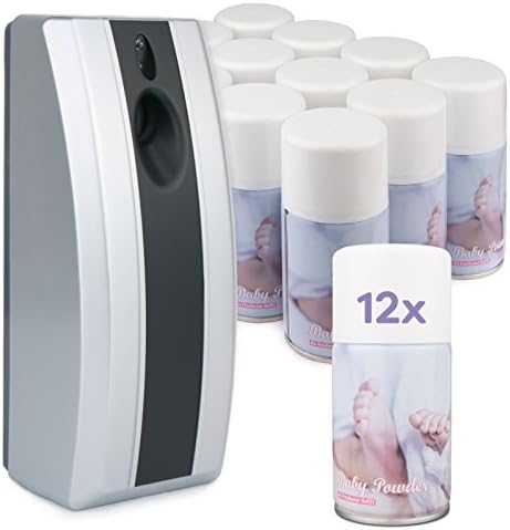 Complete Set - Automatic Air Freshener &amp; 12 Baby Powder Aerosol Refill Cans - Commercial Toilet (Silver)