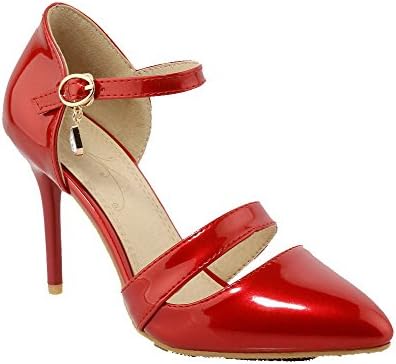 Odomolor Women's Patent Leather Spikes Stilettos Pointed Closed Toe Solid Buckle Pumps Shoes, Red, 38