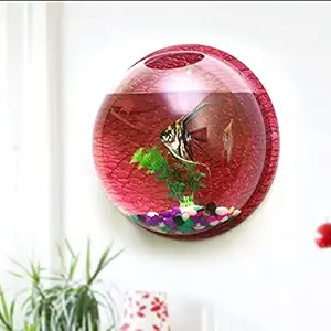 TRENZ Wall Mounted Hanging Aquarium Transparent Acrylic Fish Bowl Fish Tank Flower Plant Vase Home Decoration in 15 Inches with Multiple Color (Red)