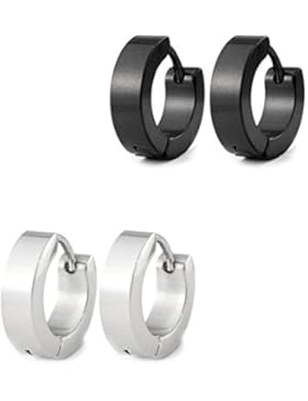 2 Paar (4 Stück) Ohrringe Schwarz und Silber. Damen und Herren Edelstahl Klapp-Creolen (4mm breit - 13mm Durchmesser)