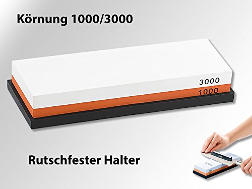 TokioKitchenWare Doppel Wasser-Schleifstein, Körnung 1000/3000 & rutschfester Halter - 2