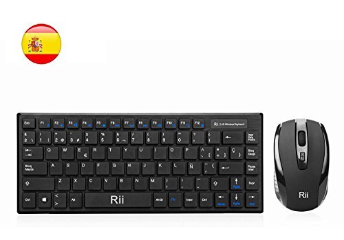 Rii RK700 Combo Ratón y Teclado Inalámbrico para Android/Windows/Mac/Linux y Otros Dispositivos con USB-QWERTY Español,Color Negro