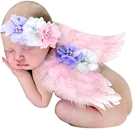 Leiwo Feather Angel Wings Rhinestone Headband Set Baby Chiffon Flower Headband Hair Accessories Newborn Photo Prop Costume (LE009)