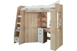 FURNITUREBYJDM High Sleeper Bed with Desk, Wardrobe and Shelves - Space Saving Loft Bed - Furniture Set for Kids/Children (120x204x190 cm) - 80x200 cm Mattress - Left Side Steps - ANTRESOLA (Sonoma Oak - White)