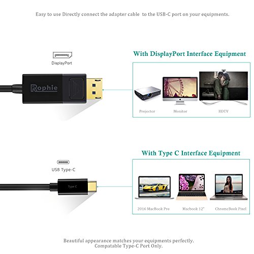 Rophie USB 3.1 Typ C auf DisplayPort Kabel (1.2M, 4K@60Hz), 4K * 2K (3840 * 2160, Thunderbolt 3 Compatible) USB C zu DP Kabel für MacBook 12″, 2016 MacBook Pro, Macbook 2015/2016, Google Chromebook, HP EliteBook Folio G1 , Asus ZenBook UX390UAK und andere - 3