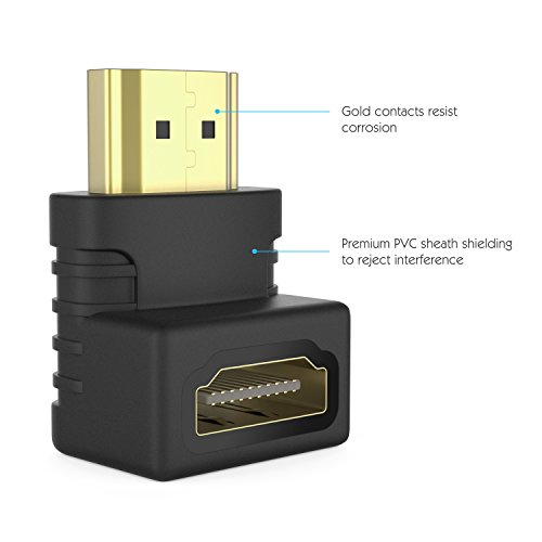 MoKo HDMI Adapter 90°, [2 Stück] High Speed Right Angle Gold Plated HDMI Stecker Male auf Female Buchse Kabel Konverter für 3D / Ethernet, Five TV, 4K/HD TV, Schwarz - 5