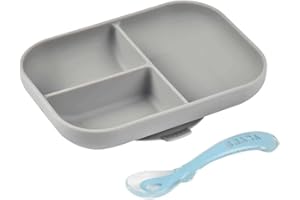 BÉABA, Set Repas Bébé, Avec Ventouse, Anti dérapant, Assiette Silicone Compartimentée + Cuillère, Sain et Durable, Compatible lave-vaisselle, Micro-onde, Congélateur, Facile d'entretien, Grey