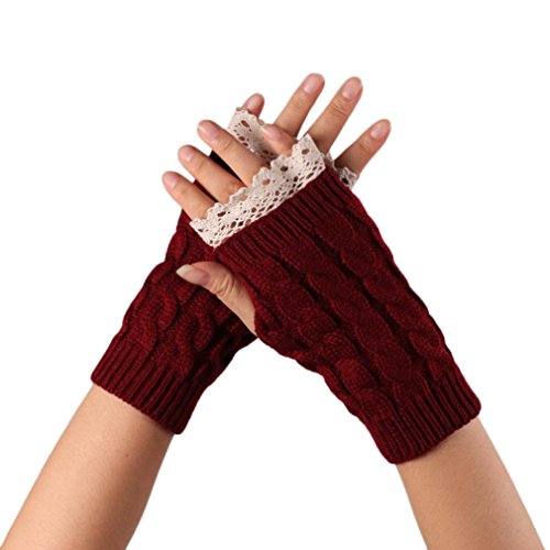 Internet Fingerless Lace Knitted Fringe Warm Gloves (Dark Red)