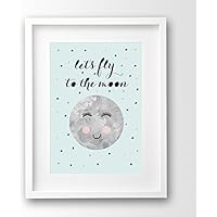 Poster für Kinder ungerahmt, Mond "let's fly to the moon" Kinderzimmer türkis