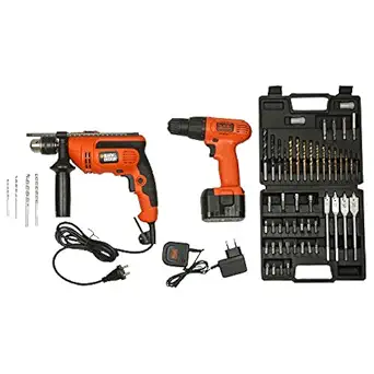 BLACK+DECKER KR554RE 550W 13mm Variable Speed Reversible Hammer Drill Machine (4-Pieces) with BLACK+DECKER CD121K50 12V 10mm Ni-Cd Cordless Drill/Driver Kit (50-Pieces)