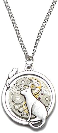 Cat and Mouse Steampunk Watch Movement Pendant Necklace on Silver Plated Chain. Hand Made in Cornwall, UK.