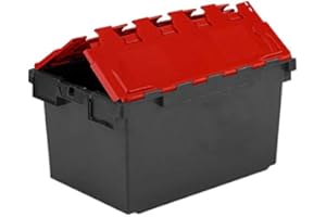 DTTRA Totebox 10x 80ltr XL Heavy Duty Attached Lid Container in Black With Red Lid (710 x 460 x 368h mm) Original LC3 Crate