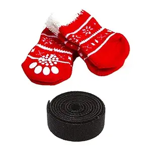 KUTKUT Anti-Slip Small Breed Dog / Cat Socks with Paw Pattern | Pet Paw Protector Socks With 4 Pieces Adjustable Straps for Small Pet | Socks For Shishtzu, Lhasa Apso, Poodle etc (Size XL : Height 11 cm, Width 4.5 cm)