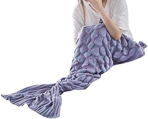 Mermaid Tail Blanket Large Fish Scales Pattern Crochet Knitted All Seasons Soft Warm Sleeping Bag for Adult Teens Living Room Bedroom Sofa Reading Watching - 77 x 36 Inch - Light Purple
