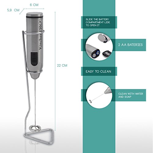 ORIGINAL KitchenPRO elektrischer Milchschäumer, Handrührer EDELSTAHL QUALITÄT mit Standfuß, PERFEKTER SCHAUM für: Cappuccino, Latte, heiße Schokolade oder andere heiße Getränke, mit GRATIS Motiven - 3