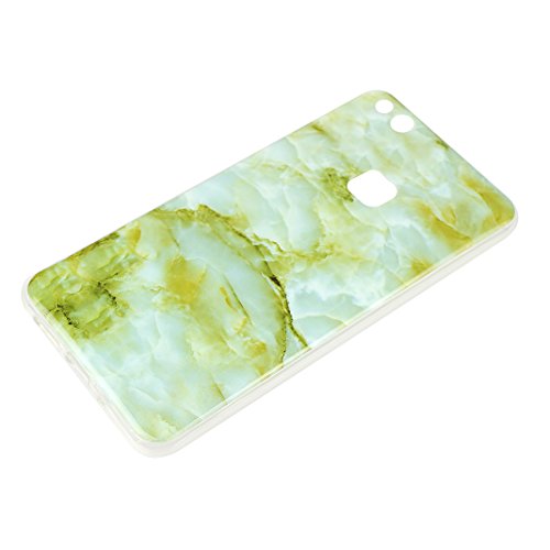 Huawei P10 Lite Hülle Silikon, Rosa Schleife Schutzhülle für>Huawei P10 Lite< Ultra Dünn Slim Case Flexible Soft Weich TPU Silicone Backcover Bumper Schale Handyhülle mit Bunte Marmor Muster , Grün Gelb Marmor - 3