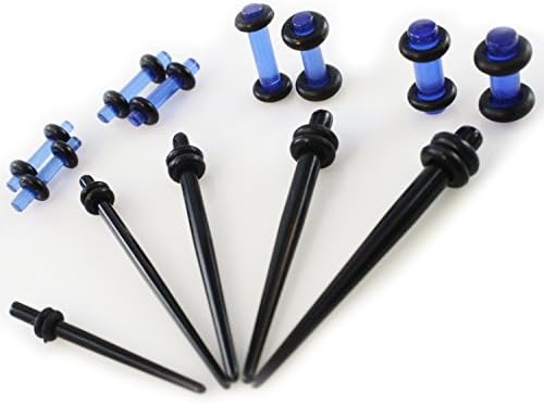 Gauge Gear® 16 Piece Micro Expander Kit- Black Tapers and Blue Glow In The Dark Ear Plugs