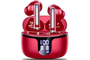 MONYHIGH Auriculares Inalámbricos Bluetooth, 2024 Auriculares Bluetooth 5.3 HiFi Estéreo con 4 HD Mic, 50H Cascos Inalámbricos Bluetooth con función de reducción de Ruido, IPX7 Impermeable, Pantalla LED Rojo