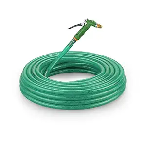 garbnoire 10m 0.5 inch PVC Heavy Duty Braided Green Garden Pipe with Garden Accessories Like Hose Connector, Clamps & Water Gun (32.8 Feet)