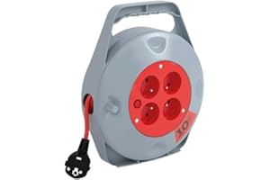 DEBFLEX - Mini-Enrouleur Electrique - Multiprise 4 Prises avec Rallonge Electrique Enroulable - Idéal Bricolage & Usage Domestique - Câble Alimentation 10 Mètres - Gris/Rouge