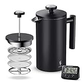 soulhand Cafetière à Piston Acier Inoxydable Épaissie Théière INOX avec Thermomètre 8 Tasses 1L, Filtres en INOX à 4 Couches, avec 2 Filtres de Rechange, Minuterie de Cuisine et Cuillère à Café 15 ML