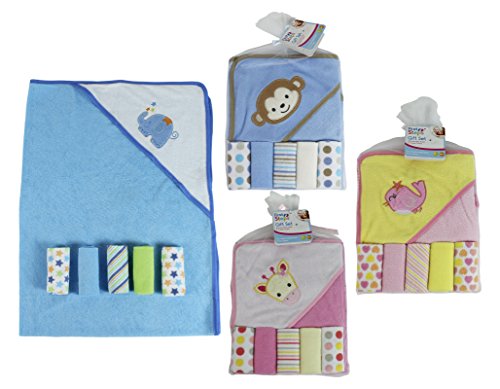 BABY SOFT HOODED TOWEL & 5 WASH CLOTHS FLANNELS BATH SET BOYS & GIRLS