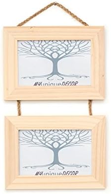 Double Photo Picture Frame Solid Wood Wall Hanging. Suspended from Plaited Twine. To suit photo size 6 x 4 inch