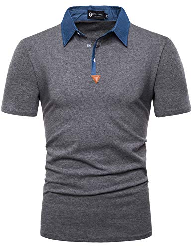 STTLZMC Polo para Hombre de Manga Corta Casual Moda Algodón Camisas Denim Cuello en Contraste Golf Tennis,Gris,XL