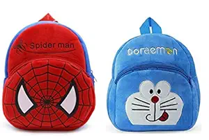 Blue Tree Kids School Bag Soft Plush Backpack Cartoon Bags Combo Mini Travel Bag for for Girls Boys Toddler Baby (Spiderman & Doraemon)