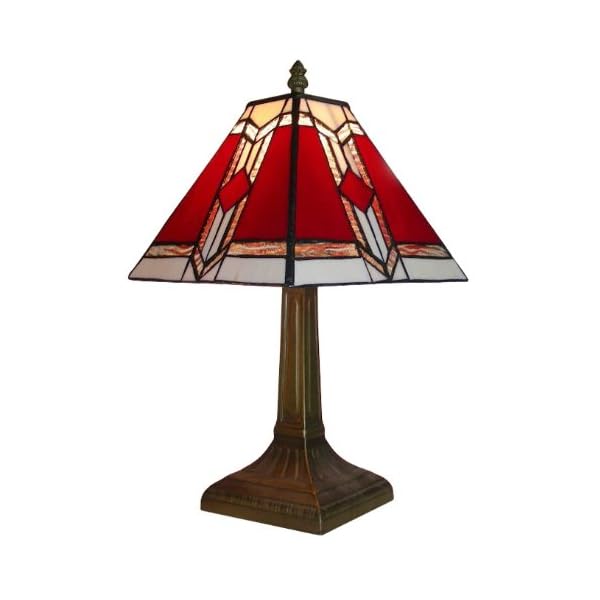 Tiffany Style Bronze Base and Red and White Stained Glass Designer Aztec Table Lamp