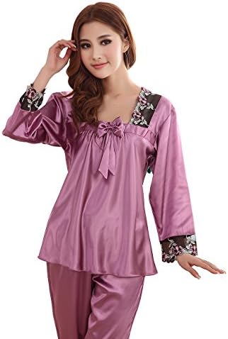 FAPIR Womens Satin Silk Long Sleeve Sleepwear Nightwear Pajama Set(XL)