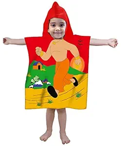 Chhota Bheem Kids Hooded Poncho Cotton Bath/Pool/Beach Towel (Red)