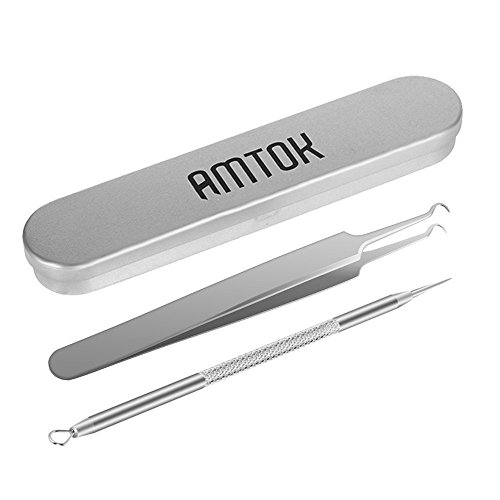AMTOK Mitesserentferner und Komedonenquetscher, Entfernen von schwarzen Pickeln, Mitessern und Akne2 teiliges Set aus Edelstahl inkl. individueller Metall-Box