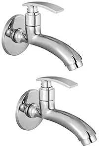 Seaking Bullet Brass Long Body Tap with Wall Flange (Disc Fitting | Quarter Turn) Chrome Finish (Pack of 2)