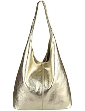 OBC MADE IN ITALY DAMEN LEDER HAND-TASCHE METALLIC Shopper Schultertasche Hobo-Bag Henkeltasche Beuteltasche Silber