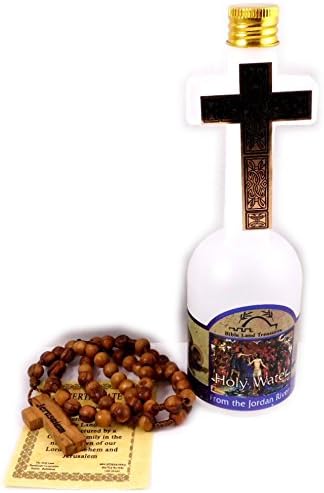 Holy Land Olive Wood Rosary Beads From Jerusalem with Cross Holy Water Bottle From the Jordan River