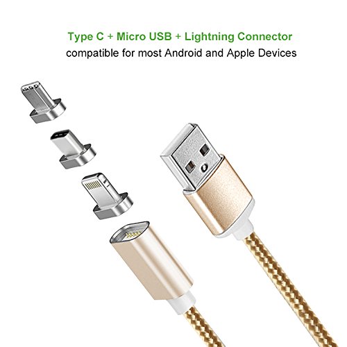 Lively Life 3in1 Magnetisches USB Ladekabel Datenkabel Type C Lightning und Micro USB Nylon braided Kabel für iPhone & Android Smartphones,iPad Tablets ,Macbook Air/Pro,Samsung Galaxy ,LG ,Sony Xperia,Google Pixel,Huawei ,HTC ,OnePlus, Motorola Moto,MP3 players, GPS, Camera and More(3.3ft/1m ,Golden) - 3