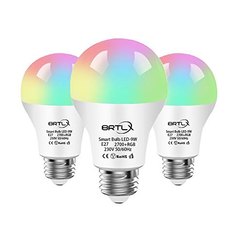 Lampadina Intelligente,BRTLX Lampadine Smart LED WiFi E27 9W RGB, 800LM Dimmerabile, Controllo iOS Android APP, Compatibile con Alexa e Google Home,3 Packs