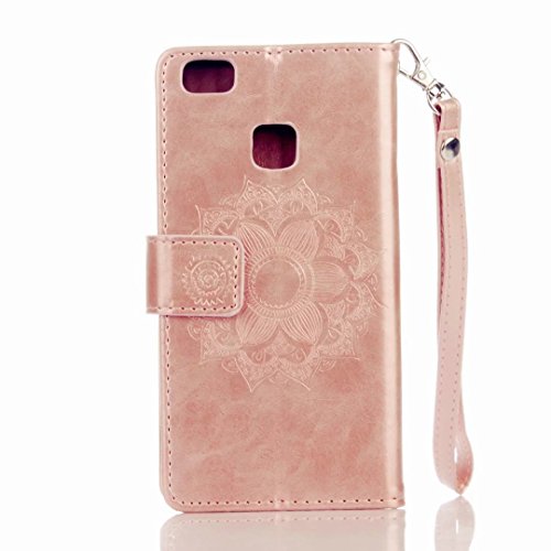 MUTOUREN Portemonnaie Handyhülle für Huawei P9 Lite Bookstyle Gürtelhändytasche Brieftasche PU Leder Wallet Case Cover Schutzhülle Hülle Etui mit Standfunktion Magnetverschluß Card Slots Kratzfeste Anti-scratch Premium Ledertasche Gepresste Blumen Indische Sonne Mandala Rosegold + Bleistift Touch Pen - 3
