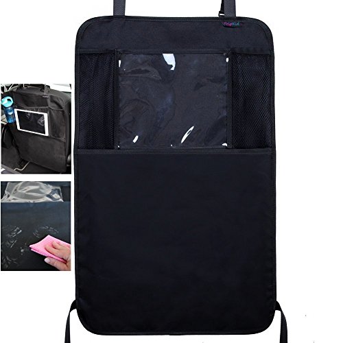 Preisvergleich Produktbild Premium Autositz Rückenlehnenschutz / Trittschutz / Sitzschoner schwarz mit durchsichtigem iPad / Tablet Fach und praktischer Organizer-Funktion zum Verstauen von Utensilien und Getränken - hochwertige und wasserdichte Qualität schützt vor Schmutz und ist leicht zu reinigen - paßt für Autositze der meisten Automarken - neutrales Design - großflächig und sicher - ideal für Reisen mit Kindern!