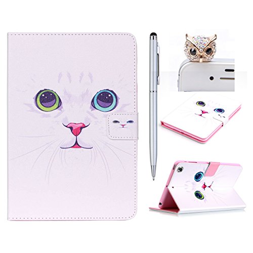 iPad mini 3 Lederhülle - Felfy Slim Full Body Unique Tier weiße Katze Muster PU Case Cover Etui Schutz Hülle Tasche für Apple ipad mini 3 mini 2 mini 1 + 1x Bunte Eule Anti Stöpsel + 1x Silver Stylus