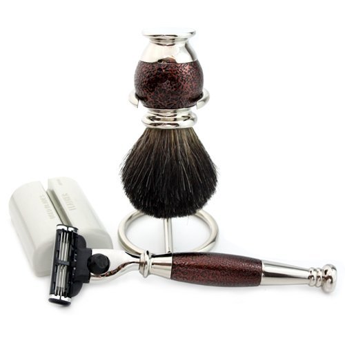 Shaving Gift Set with Gillette Mach 3 Hand Assembled razor , Black Badger Brush and Stand, Great Gift Idea for (New Beginner), (Grand Father), (Father), (Husband) or (Boyfriend).