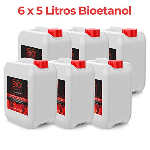 6 x 5 Litros Bioetanol Premium Transparente para chimeneas - 30 Litros Combustión de alta calidad no humos origen Vegetal