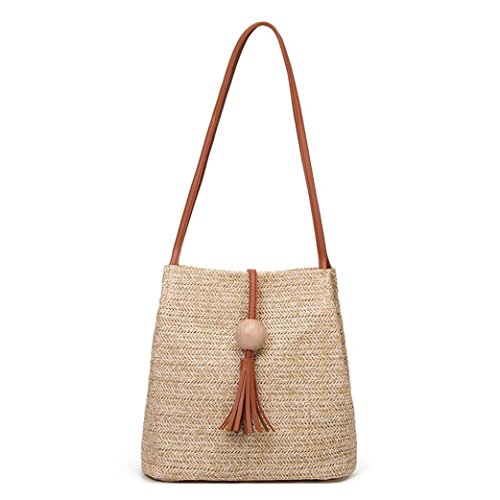Preisvergleich Produktbild Damen Frauen Mädchen Hohe Kapazität Weave Holzperlen Quasten Schulter Eimer Tasche (Brown)