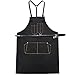Produktbild CHICMRS Schwarz Denim Schürze für Barbershop Friseur Barbier Küche Kaffee Utility Unisex Schürze mit Taschen Rückseite Kreuz Lederband, schwarz, Größe S