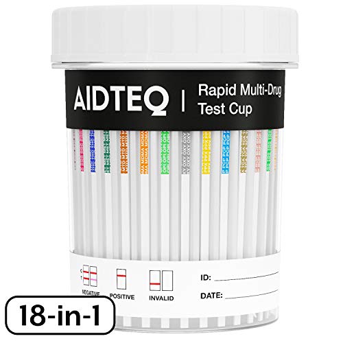 Aidteq Copa de prueba rápida de drogas 18 en 1 profesional | 1 paquete | Prueba de cannabis, cocaína, éxtasis, anfetaminas, éxtasis, opiáceos, ketamina, metadona y otras 10 drogas comunes de abuso